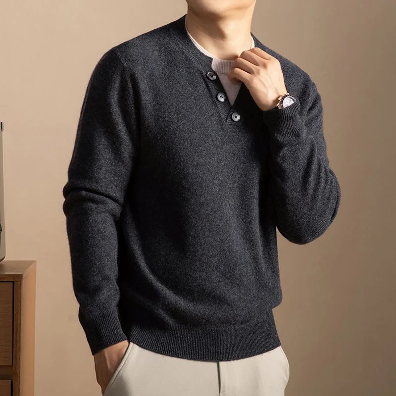 Cashmere-Blend Henley Sweater — A charcoal wool and cashmere henley sweater with a short buttoned placket over a cream knitted neckline