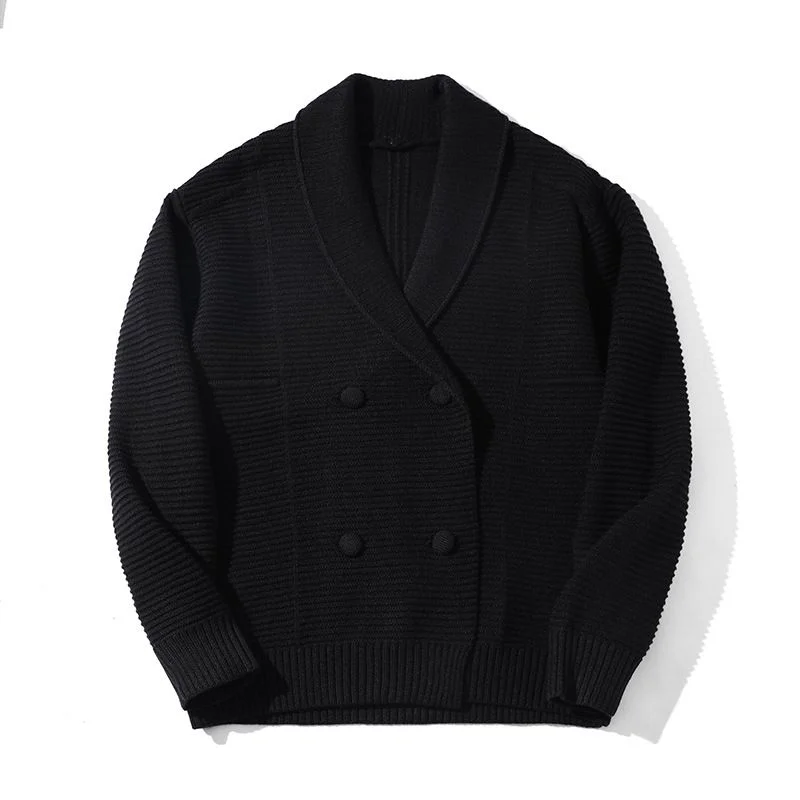 Double-Breasted Knit Cardigan — A heavy ribbed knit cardigan with a shawl collar and two rows of knit-covered buttons, shown flat and worn, in black and coffee