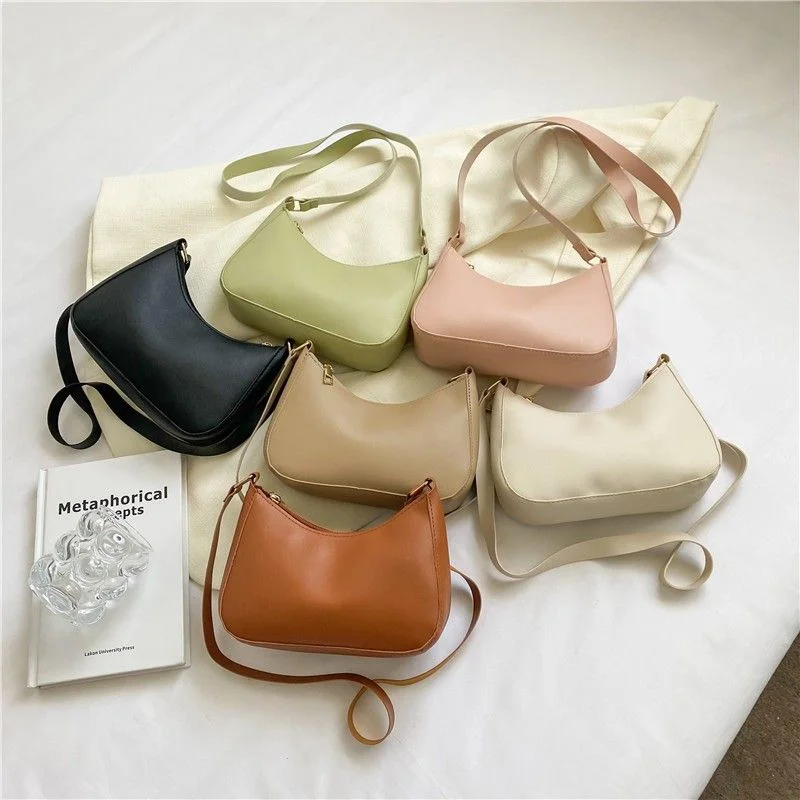 French Shoulder Bag — Six curved PU shoulder bags in black, cream, green, khaki, pink and coffee