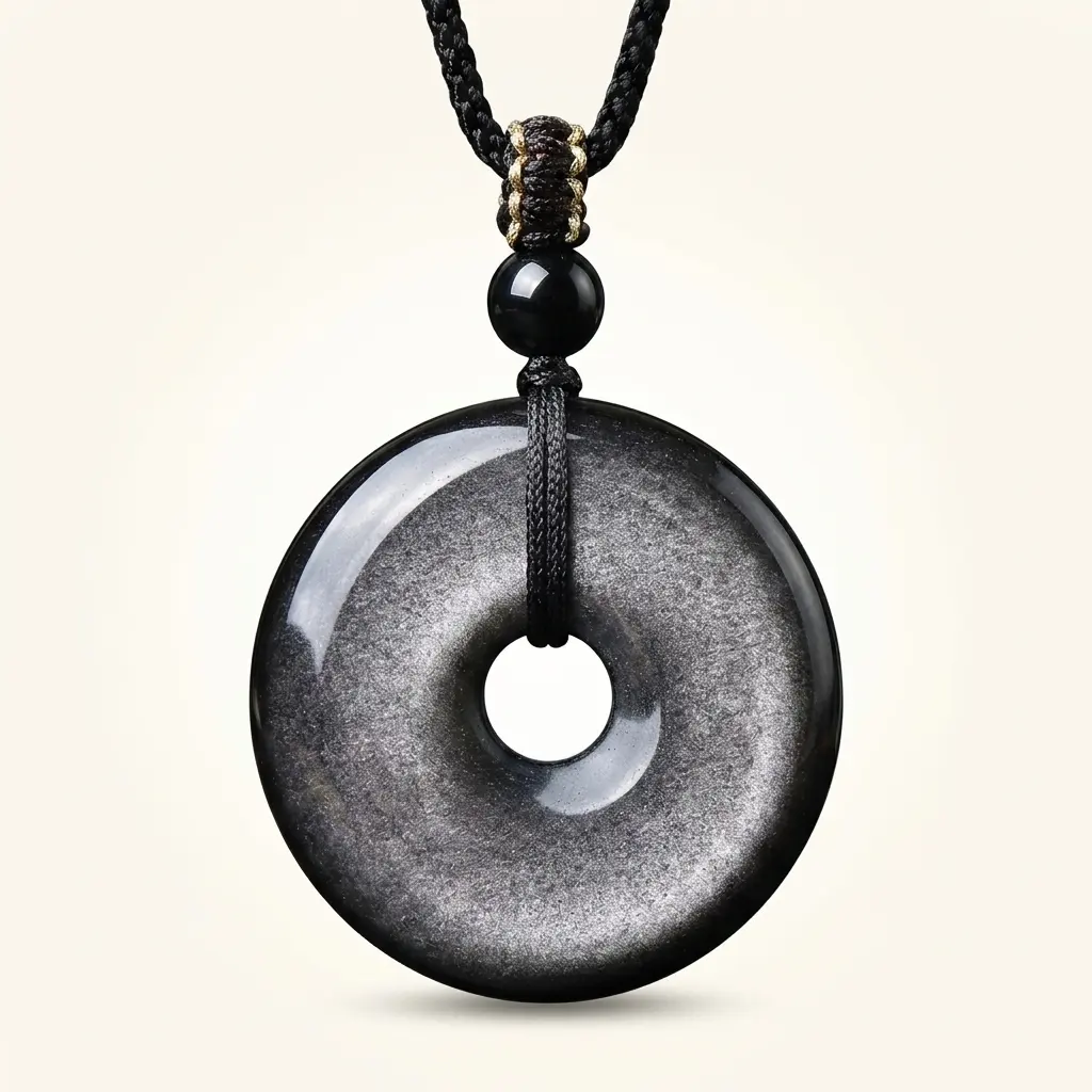 Obsidian Circle Pendant — Natural obsidian peace-buckle circle pendant on a black cord