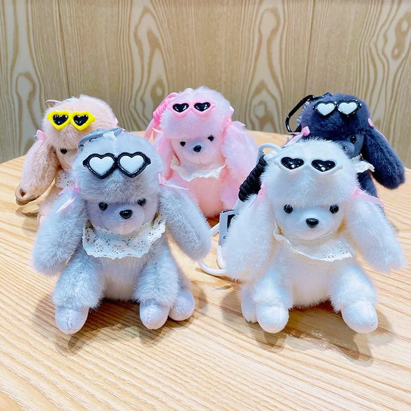 Sunglasses Poodle Charm — Plush poodle bag charm wearing heart-shaped sunglasses and a lace collar, in white, pink, black, yellow and grey