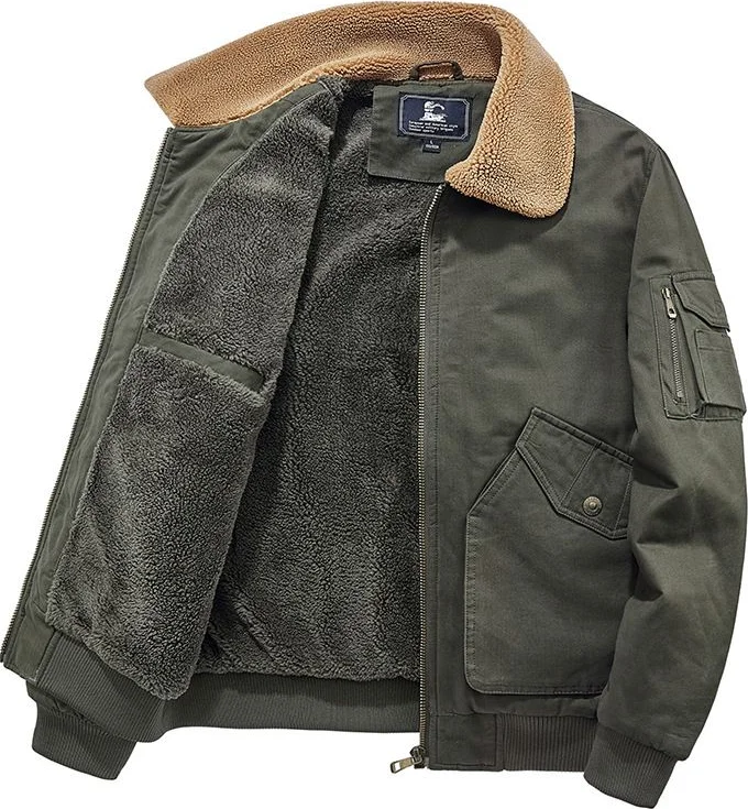 Shearling-Collar Bomber Jacket — Fleece-lined bomber jacket with a shearling-style collar, in army green, khaki and black