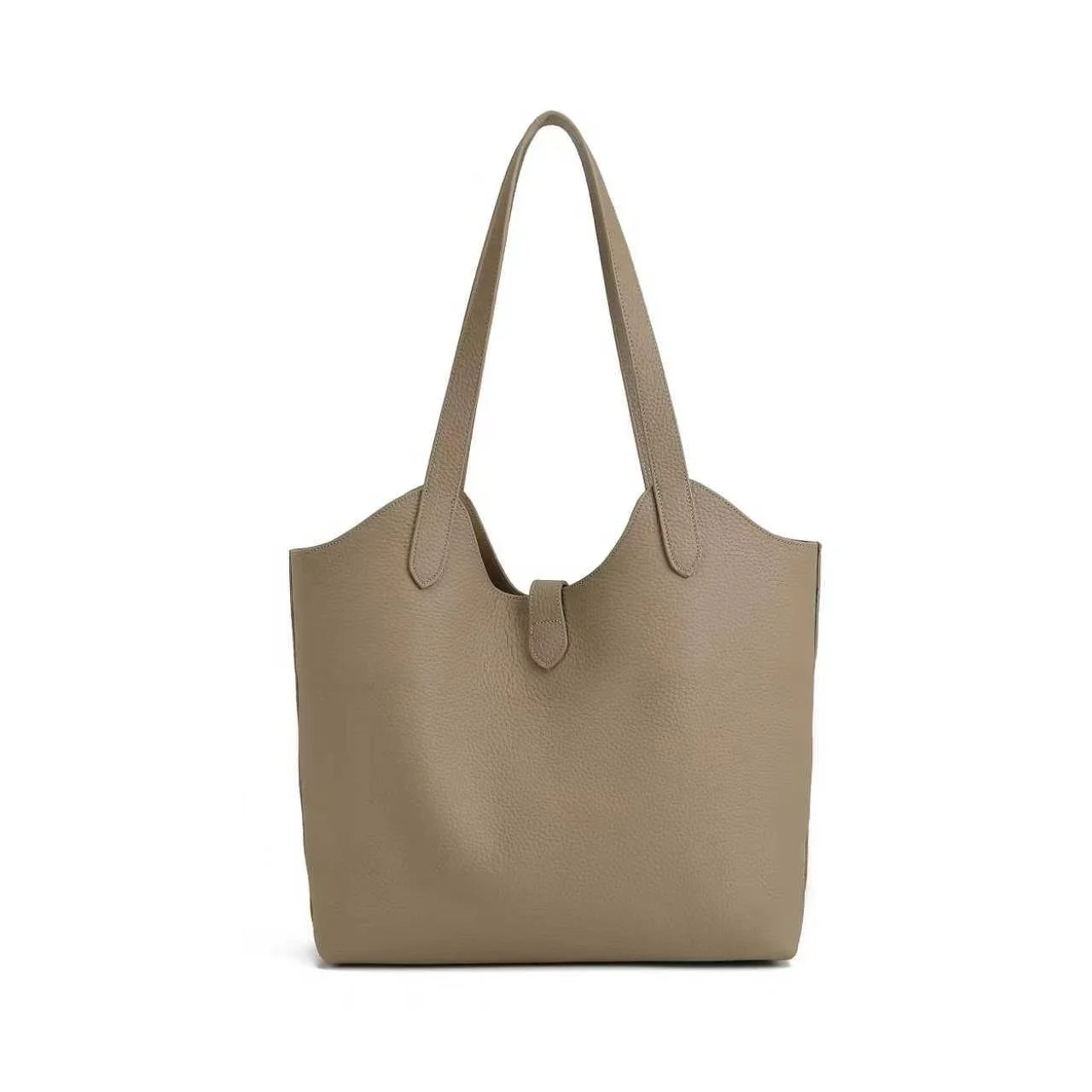 Pebbled Leather Shopper Tote — Unlined top-grain leather shopper tote with two shoulder straps and a magnetic snap, shown in elephant grey, caramel, black and white